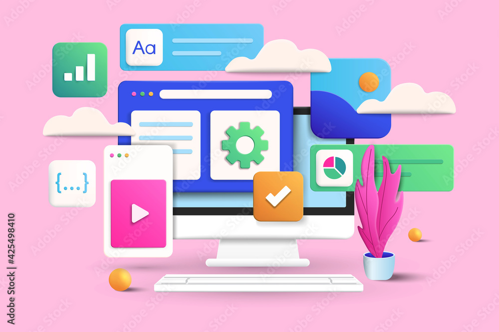 Canvas Prints mobile application, software and web development with 3d shapes, bar chart, infographic on pink back