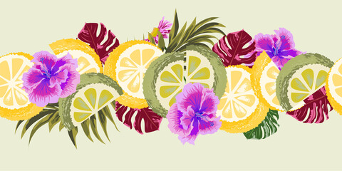 Tropical seamless border with palm leaves, monstera, hibiscus flowers and juicy citrus fruit wedges. Template for greeting cards, invitations, weddings, parties, birthdays, printing on fabric,