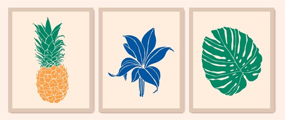 Botanical wall art collection. Exotic plants, pineapple, monstera leaves. Foliage line art drawing. Colorful minimal, abstract design for prints, cover, packaging, cosmetics, logo. Eco trendy style. © olechkaart