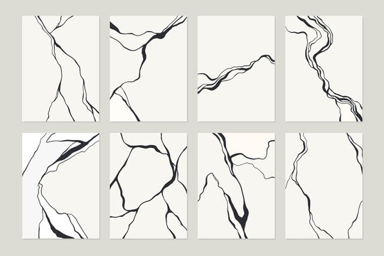 Black and white, grey abstract marble stone design, minimal kintsugi art style. Luxury crack ground, abstract landscape. Patterns, covers, logo, branding template.