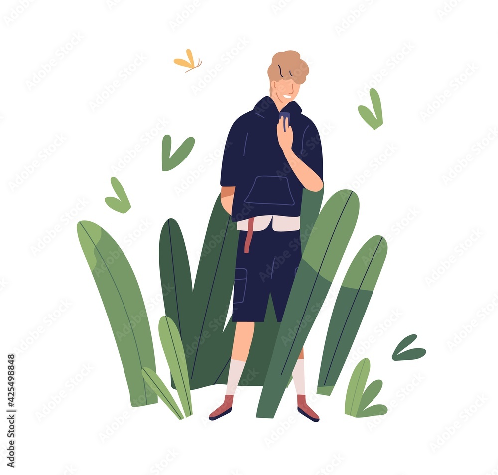 Poster App user with phone. Concept of positive and comfortable environment. Happy young man using online mobile application on smartphone. Colored flat vector illustration isolated on white background