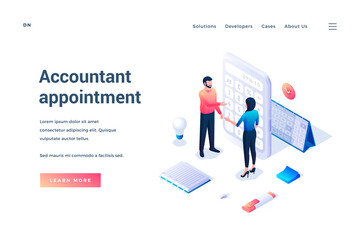 Accountant appointment. Isometric banner. Male and female tiny cartoon characters communicate with each other standing by a large calculator. Landing page template