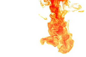 Orange cloud of ink in water on white background. Abstract paints swirling in water.