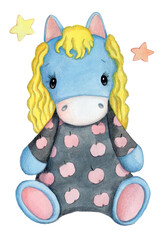 Cute cartoon little baby horse, pony. Watercolor hand drawn illustration, art, sketch for children design, print. Isolated on white.