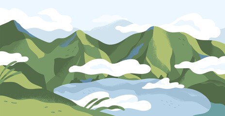 Panoramic view of summer landscape with lake in mountains. Calm nature panorama of highlands in green grass and clouds. Colored flat vector illustration of peaceful valley scenery