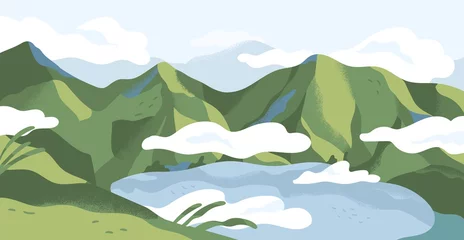 Poster Panoramic view of summer landscape with lake in mountains. Calm nature panorama of highlands in green grass and clouds. Colored flat vector illustration of peaceful valley scenery © Good Studio