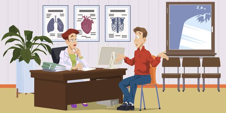 Man Patient at Doctor Appointment in Clinic Office. Illustration for internet and mobile website.