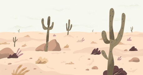 Panorama of calm plain desert land with cactuses on dry sand. Panoramic view of south nature landscape with southern plants in drought weather. Flat vector illustration of wilderness scenery © Good Studio