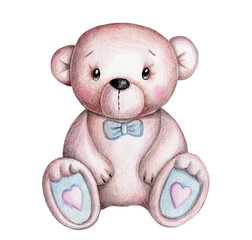 Watercolor hand drawn illustration of cute  cartoon teddy bear. Isolated on white. Perfect for kids and baby design.