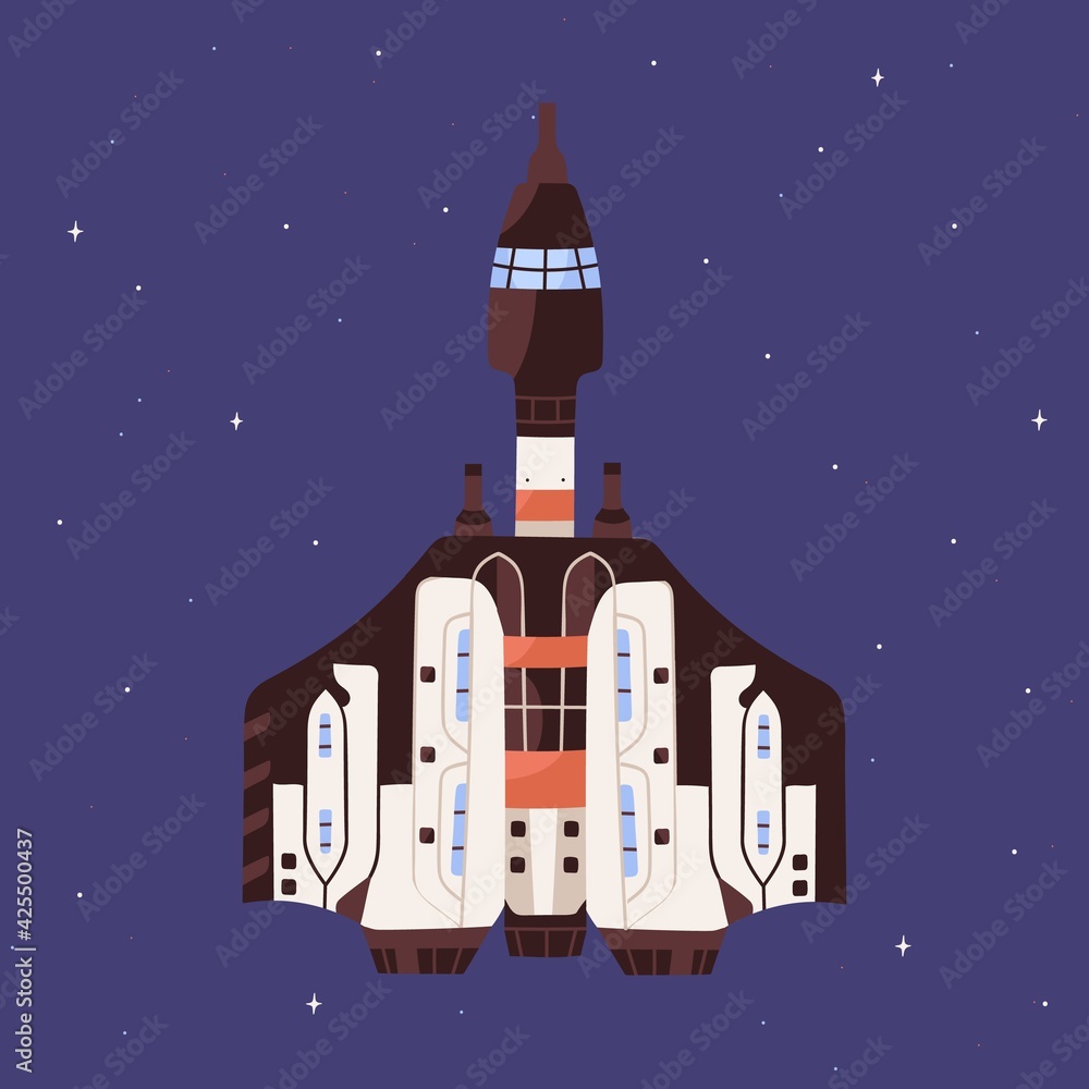 Poster top view of spaceship flying in outer space. futuristic spacecraft on starry sky background. cosmos 