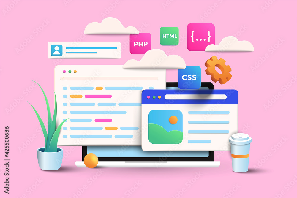 Poster web development, application design, coding, and programming on laptop concept on pink background. 3