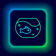 Glowing neon line Aquarium with fish icon isolated on black background. Round glass aquarium. Aquarium for home and pets. Colorful outline concept. Vector