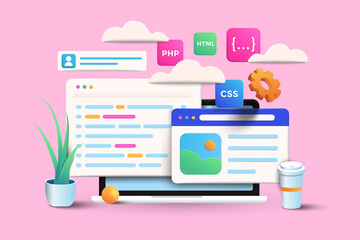 Web development, application design, coding, and programming on laptop concept on pink background. 3d Vector Illustration