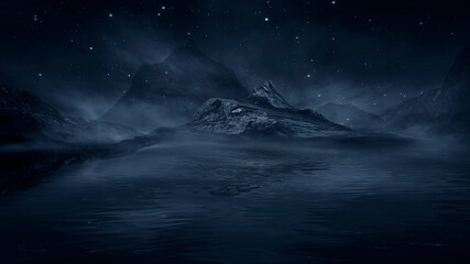 Futuristic fantasy night landscape with abstract landscape and island, moonlight, radiance, moon, neon. Dark natural scene with light reflection in water. Neon space galaxy portal. 3D illustration.  © MiaStendal