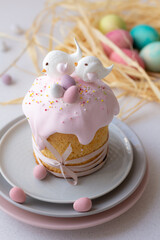 Easter cake kulich. Traditional Easter sweet bread decorated meringue.