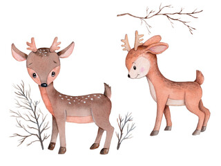 Cute cartoon toy little deer, fawn. calf. Watercolor hand drawn art, sketch, illustration, icon, print. Isolated on white background.