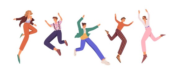 Happy young people jumping up for fun and joy. Set of active cheerful smiling men and women with feeling of freedom. Colored flat vector illustration of joyful characters isolated on white background
