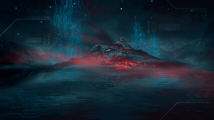 Futuristic fantasy night landscape with abstract landscape and island, moonlight, radiance, moon, neon. Dark natural scene with light reflection in water. Neon space galaxy portal. 3D illustration. 