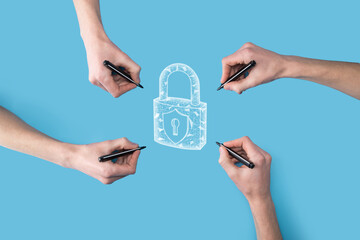 Several, four hands draw a padlock icon with a marker.Cyber security network. Internet technology networking.Protecting data personal information on tablet. Data protection privacy concept. GDPR. EU.