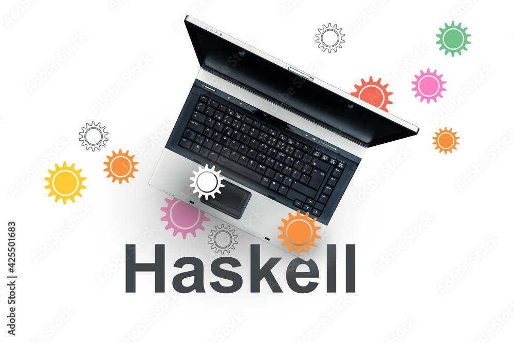 Poster haskell programming language. word haskell , gears and laptop