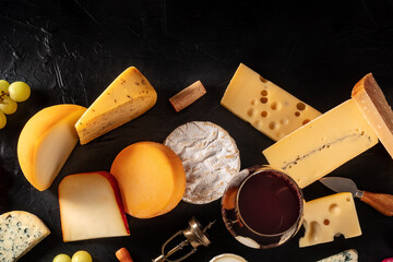 Cheese assortment and a glass of red wine, top shot