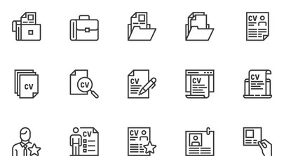 Set of Vector Line Icons Related to Resume. New Employee, Staff Recruitment, Portfolio, Job Interview, CV. Editable Stroke. 48x48 Pixel Perfect.