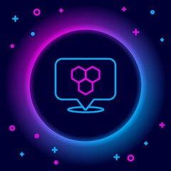 Glowing neon line Honeycomb bee location map pin pointer icon isolated on black background. Farm animal map pointer. Colorful outline concept. Vector