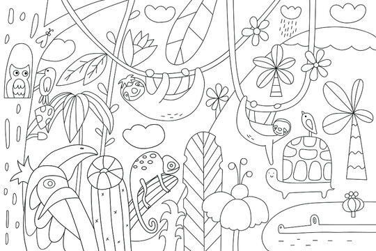 Big coloring page with cute sloths in the tropical leaves.Big coloring poster for kids.