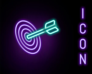 Glowing neon line Target financial goal concept icon isolated on black background. Symbolic goals achievement, success. Colorful outline concept. Vector