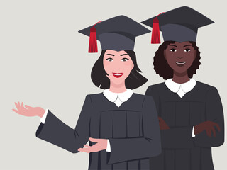 Portrait young European and African women. Vector illustration happy girl, student, female in graduation cap shows gesture with her hands. Concept banner celebrating ceremony from school, university.