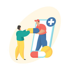 Online pharmacy concept. Drugs delivery. Male cartoon character courier giving medicines to buyer. Online drugstore service. Flat vector illustration