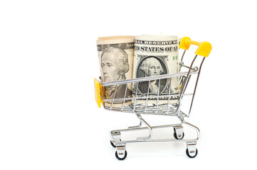 Mini cart with 1 and 10 dollar banknotes inside on a white background. Cart and money. Financial...