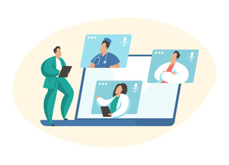 Medical video conference. Male and female cartoon characters medical specialists connecting online and talking. Teleconference, telemedicine concept flat vector illustration