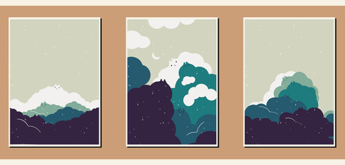 Set of three creative posters. Cute illustrations in frames for decorating the interiors of children, bedrooms, kindergartens. Cartoon colorful minimalist backgrounds with landscape, clouds, cats.
