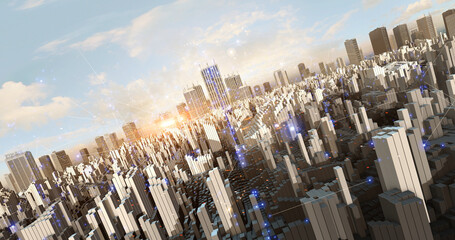 Modern Developed City Aerial Sky Covered With Digital Technology. Technology And Business Related 3D Illustration Render