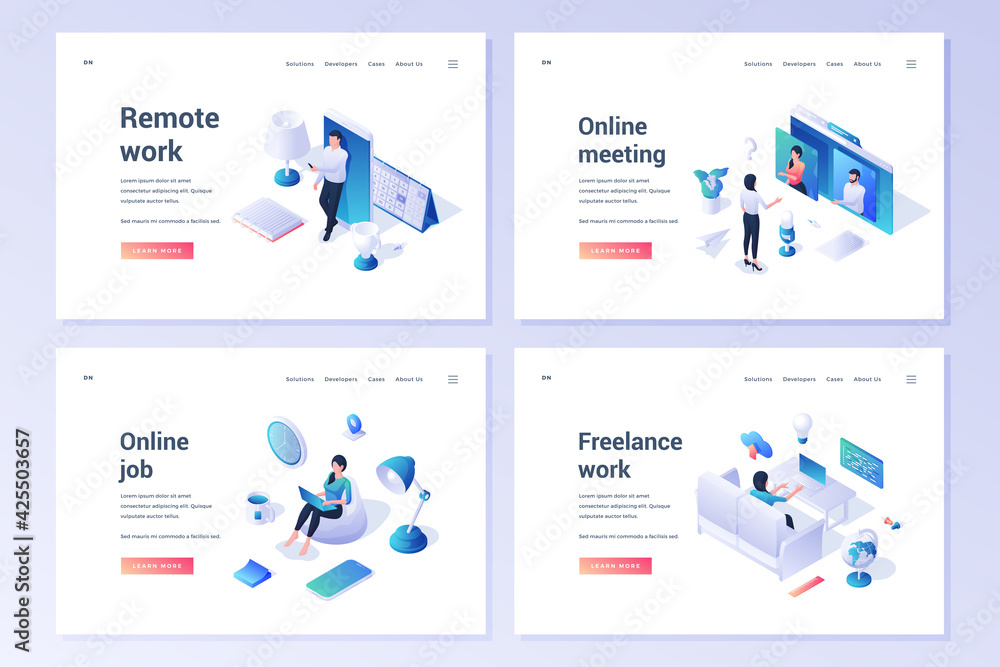 Poster set of website templates with isometric people working on computers and mobile phones while having d