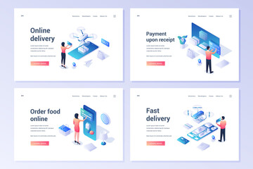 Set of isometric banner templates for websites offering services of online delivery and food ordering via mobile application on white background