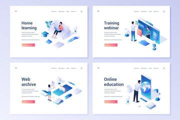 Set of isometric banners for website offering services of online education and home learning and web archive on white background
