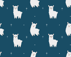 Fototapeta premium Seamless pattern of cute alpaca in different poses. Cartoon design animal character flat vector style. Baby texture for fabric, wrapping, textile, wallpaper, clothing.