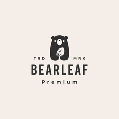 bear cub leaf hipster vintage logo vector icon illustration