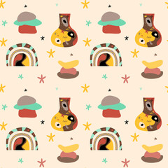 Ethnic african seamless pattern background. African traditional tribal symbols seamless pattern for textile, souvenir shop wrapping paper, tourism agency flyers etc.