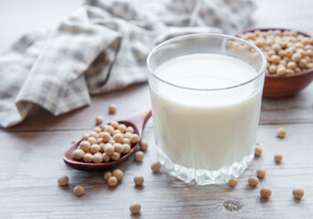 Soy milk and soy on the table