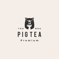 pig tea hipster vintage logo vector icon illustration