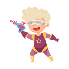 Cute Boy Wearing Mask as Superhero Holding Water Pistol Pretending Having Power for Fighting Crime Vector Illustration