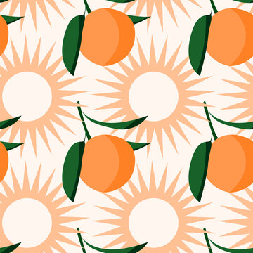 Orange on a branch and sunny weather. Citrus Seamless Pattern for design wrapping paper, wallpaper, fabric, kid clothes textile etc.