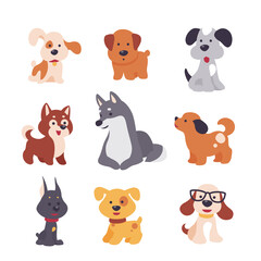 Obraz na płótnie Canvas Collection of cute funny dog characters different breeds sit and stand isolated on white background. Vector flat illustration. For stickers, pet shelter emblems, veterinary logo, gift tags.