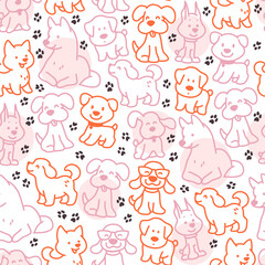 Seamless pattern design with cute little dog silhouettes and paw trace  isolated on white background. Vector line art illustration. For kids gifts packaging, wrapping paper etc.