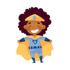 Little African American Girl Wearing Costume of Superhero Standing Pretending Having Power for Fighting Crime Vector Illustration