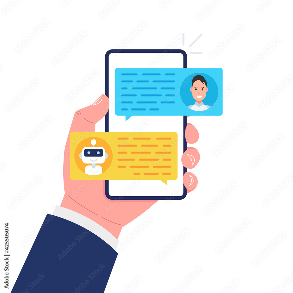 Poster chatbot concept. man chatting with chat bot on smartphone. vector illustration.