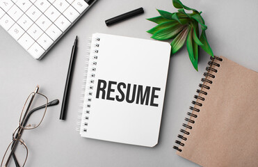 Resume is written in a white notebook with calculator, craft colored notepad, plant, black marker and glasses.